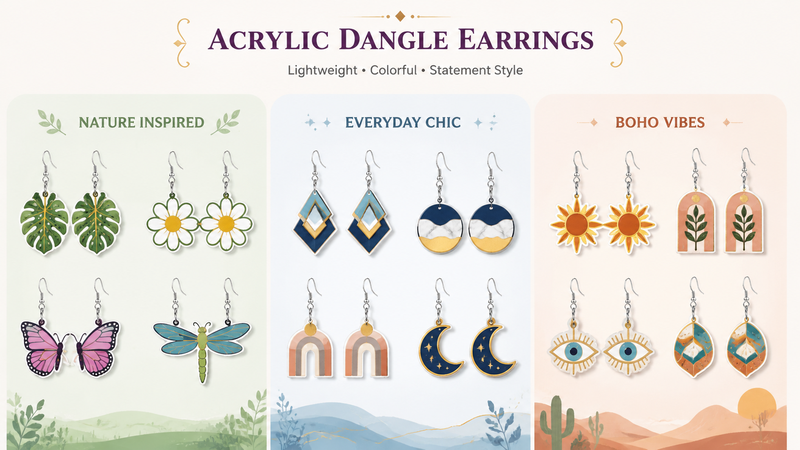 Acrylic dangle earrings set featuring fleur-de-lis crown and boho inspired shapes, lightweight wholesale customizable B2B jewelry design