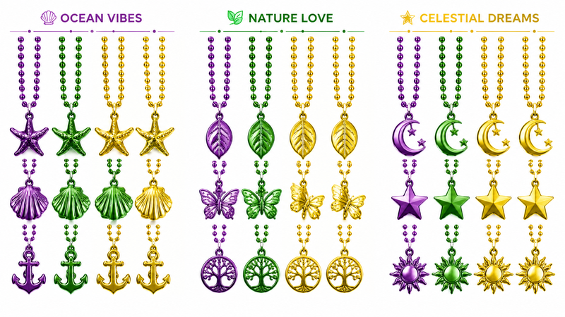 Mardi Gras style beaded necklaces with fleur-de-lis star moon leaf pendants wholesale B2B jewelry display