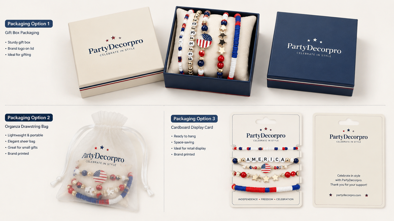 Bracelet packaging design mockup showing gift box, drawstring pouch and display card options for wholesale jewelry presentation