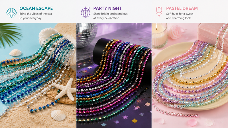 Colorful metallic bead necklaces arranged in multiple themes for party decoration wholesale customization display
