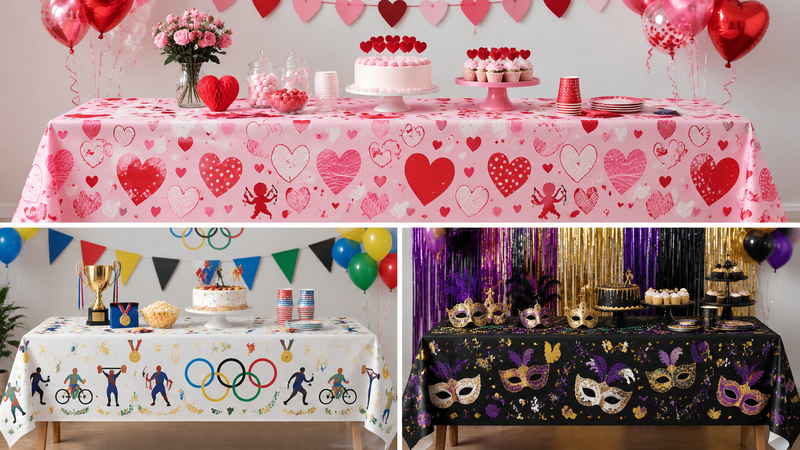 Custom disposable plastic tablecloth and napkin set designs for Valentine’s Day, sports, and costume parties