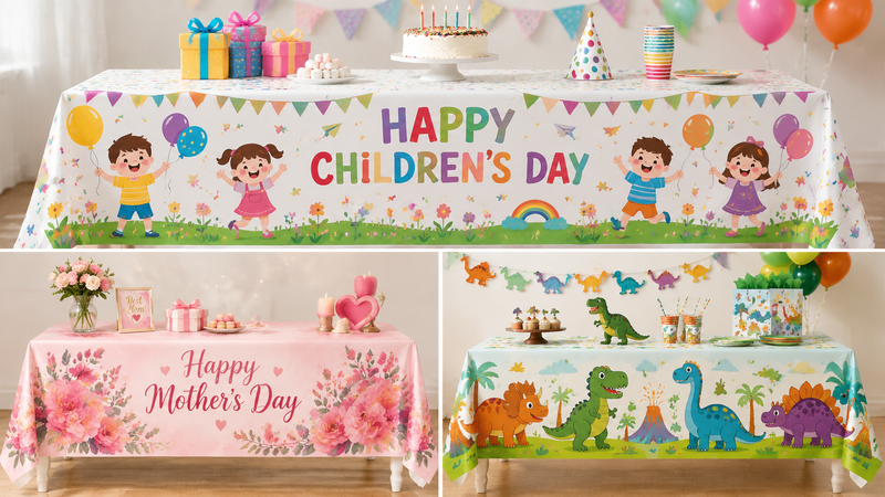 Custom disposable plastic tablecloth designs for Children’s Day, Mother’s Day, and dinosaur themed parties