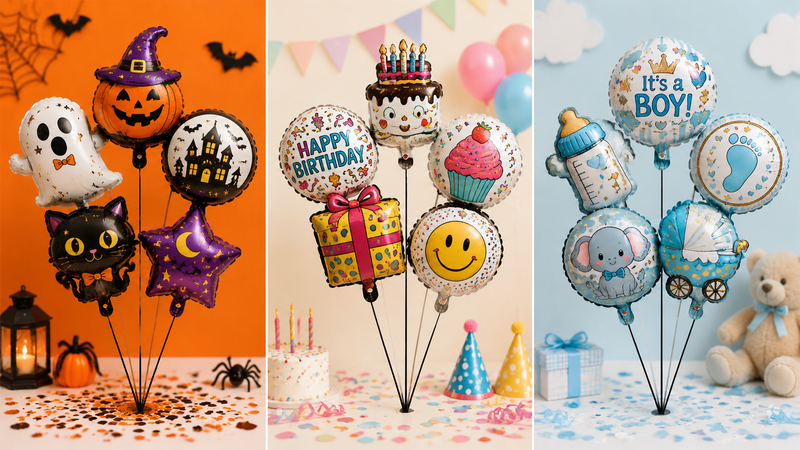 Custom themed foil balloon bouquets for Halloween, birthday and baby shower party decorations