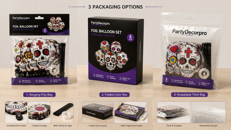 Custom packaging options for folded foil balloon sets with bags and boxes