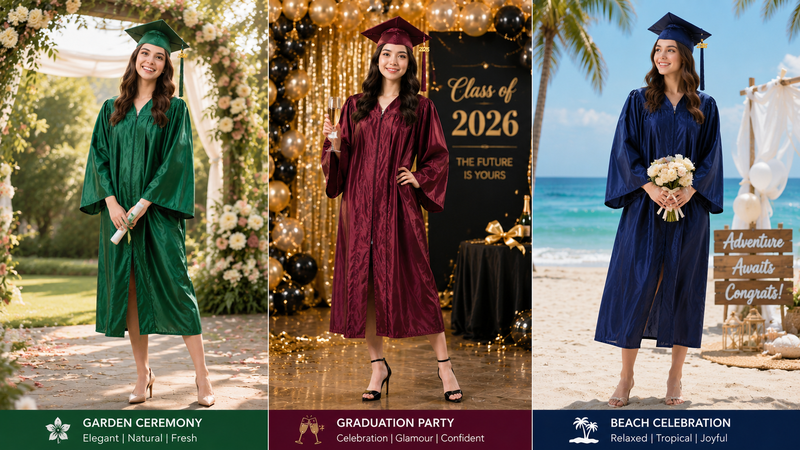 Custom Graduation Cap and Gown Sets in Multiple Colors with Garden, Party and Beach Celebration Themes