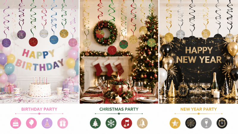 Custom hanging swirl streamers and glitter foil decorations for birthday, Christmas and New Year party themes