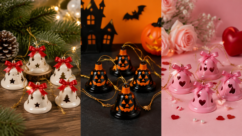 Custom holiday decorative bells with Christmas, Halloween and Valentine’s themed designs for party decoration