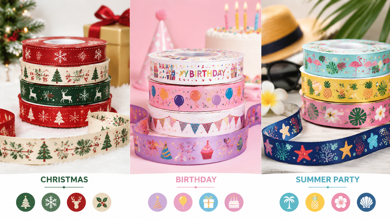 Custom holiday grosgrain ribbons with Christmas, birthday and summer party designs for gift wrapping applications