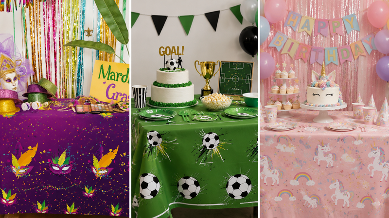 Custom waterproof plastic square tablecloths for Mardi Gras, sports and birthday party themes