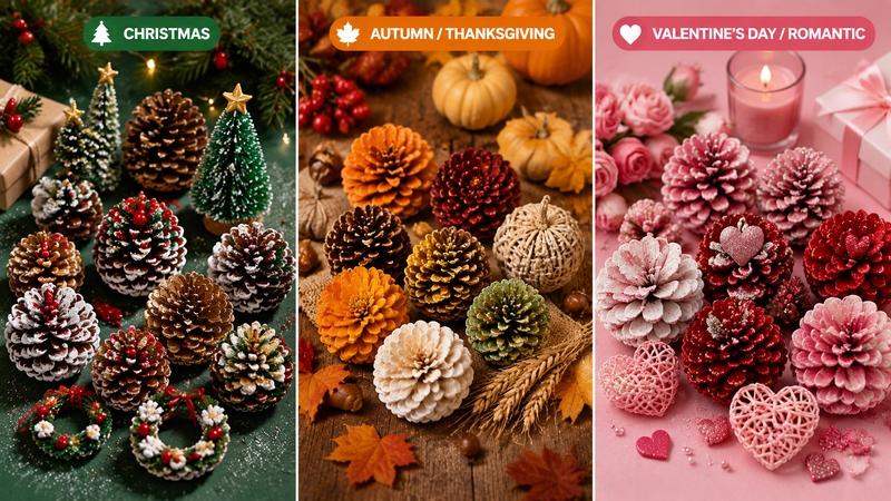 Custom seasonal pinecone decorations with Christmas, autumn and Valentine’s themed designs for holiday party décor