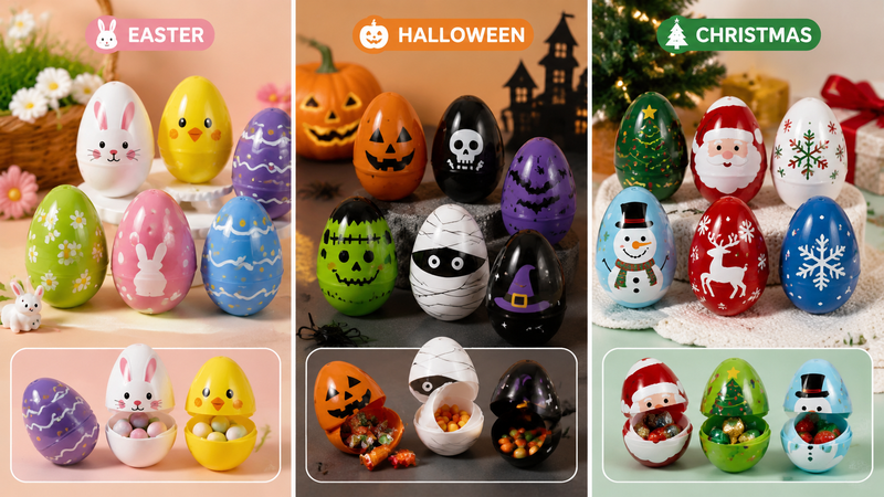 Custom plastic Easter eggs with Halloween and Christmas themed designs for holiday decoration and party supplies
