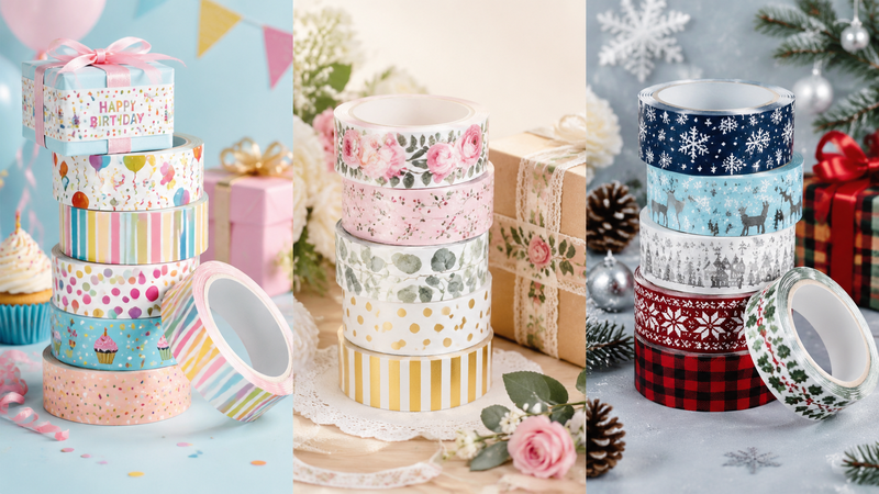 Custom printed washi tape rolls with colorful patterns for party decoration and gift wrapping