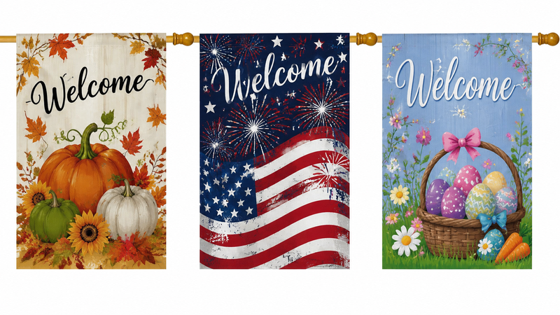Custom seasonal garden flags with autumn, patriotic and Easter themed designs for outdoor party decoration