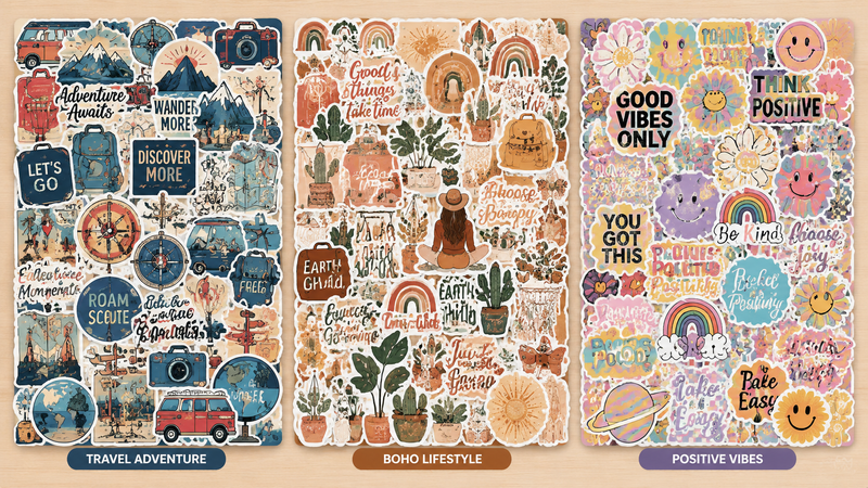 Custom themed sticker sheet collage with bold cultural graphics and motivational designs for B2B wholesale