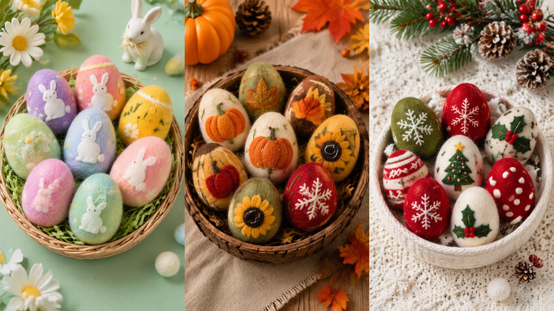Custom wool felt Easter eggs with seasonal handmade designs for holiday decoration and gift packaging