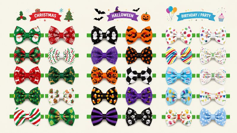 Dog bow tie collection in multiple festive themes including holiday and party designs for wholesale customization and retail display