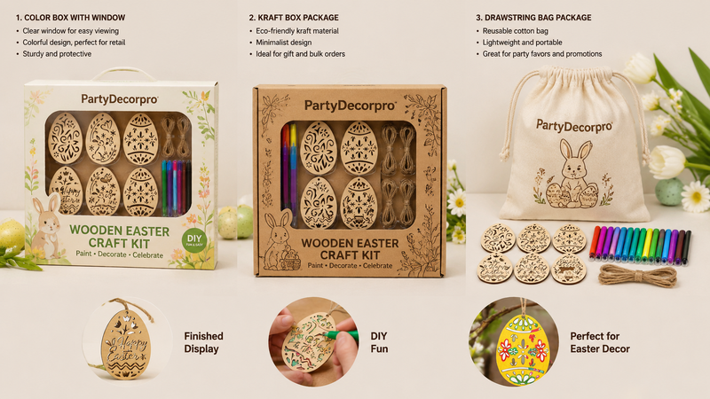 Wooden Easter craft kit packaging design options including color box kraft box and drawstring bag for wholesale customization