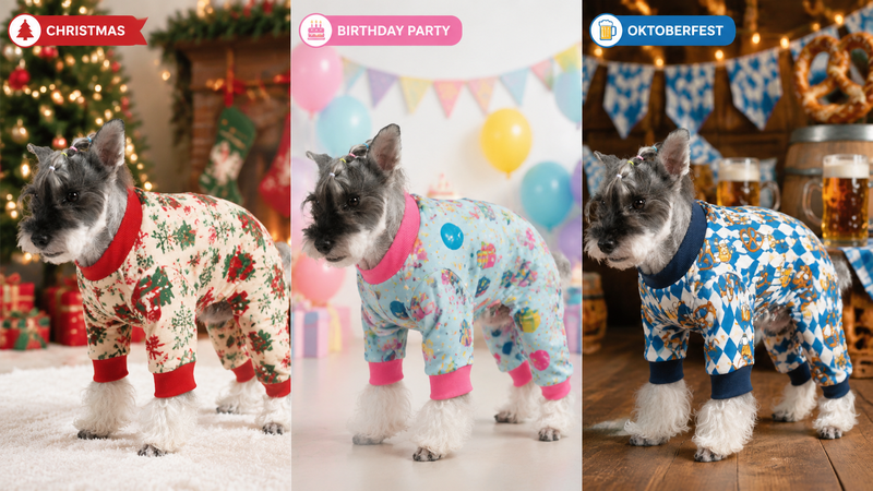 Festive dog fleece jumpsuit outfits in seasonal themed prints for wholesale pet apparel