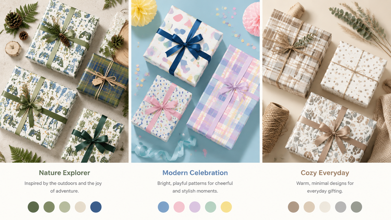Assorted themed gift wrapping paper rolls with multiple patterns and design variations for wholesale packaging