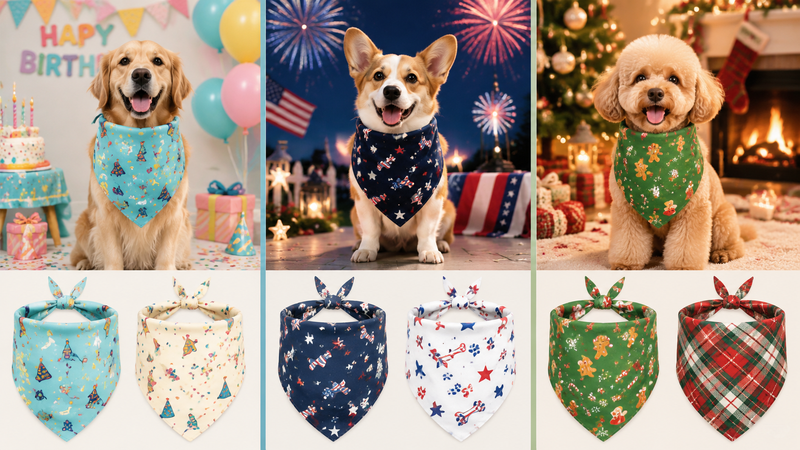 Collage of festive dog bandanas with Halloween and seasonal themed designs for wholesale pet accessories