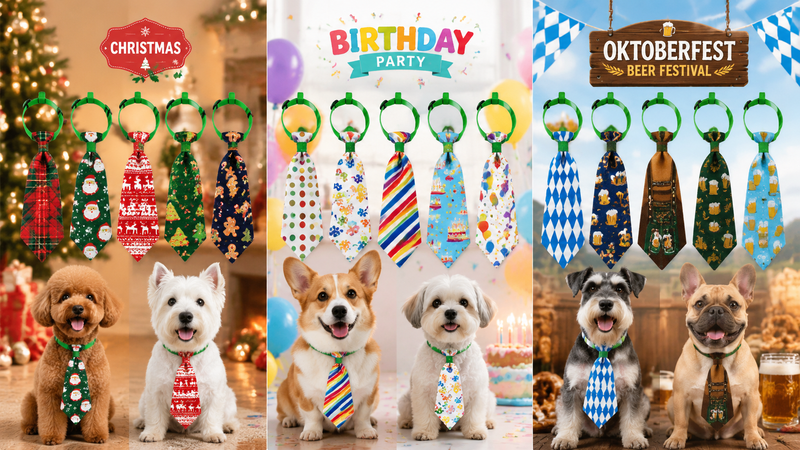 St Patrick’s Day dog bow ties assortment with shamrock patterns, pet accessories display