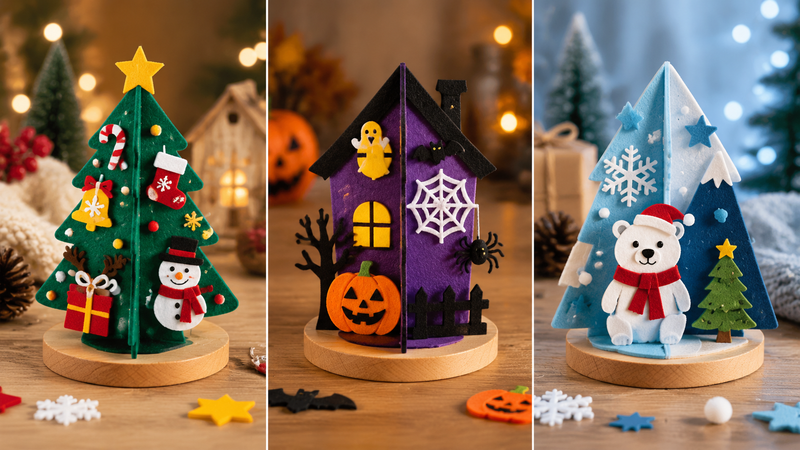 Three felt Christmas tree craft kits in green red and white featuring detachable ornaments and star toppers displayed on wooden bases for holiday decoration wholesale use.