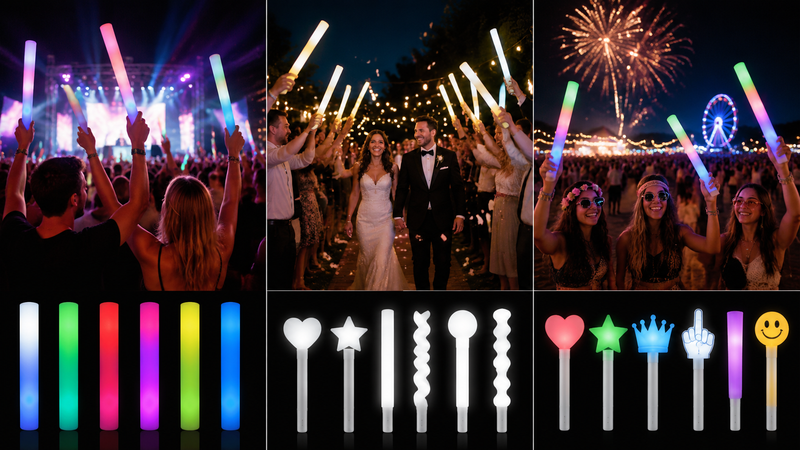 Group of women holding glowing multicolor foam light sticks at festive party event with holiday decorations and warm background lighting.