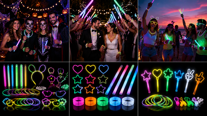 Multi-scene collage showing neon glow sticks, bracelets and accessories used in different party celebrations including festivals, beach parties and night events with vibrant lighting effects.