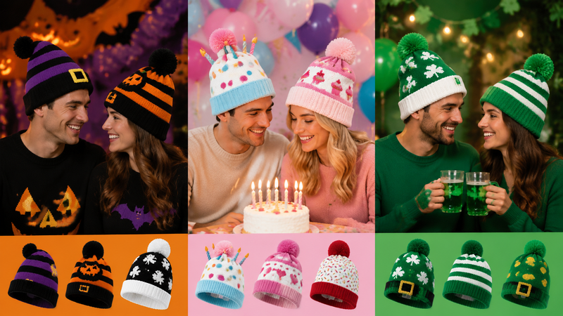 Three knitted Christmas hats including Santa style, elf buckle design and red-white pom-pom beanie displayed on white background for wholesale holiday party supply use.