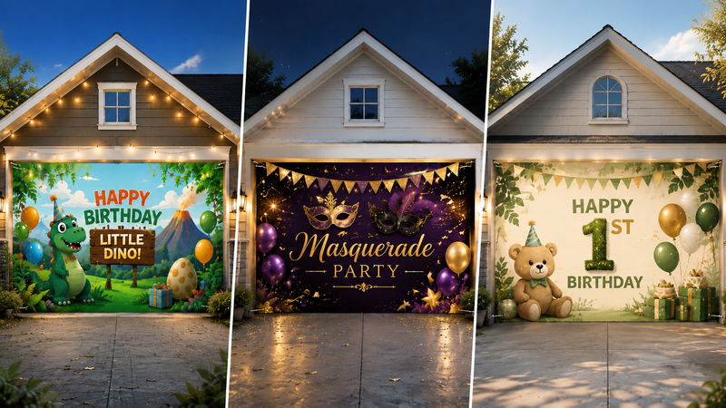 Custom garage door banner designs featuring dinosaur birthday, masquerade party, and first birthday themes with vibrant printed graphics.