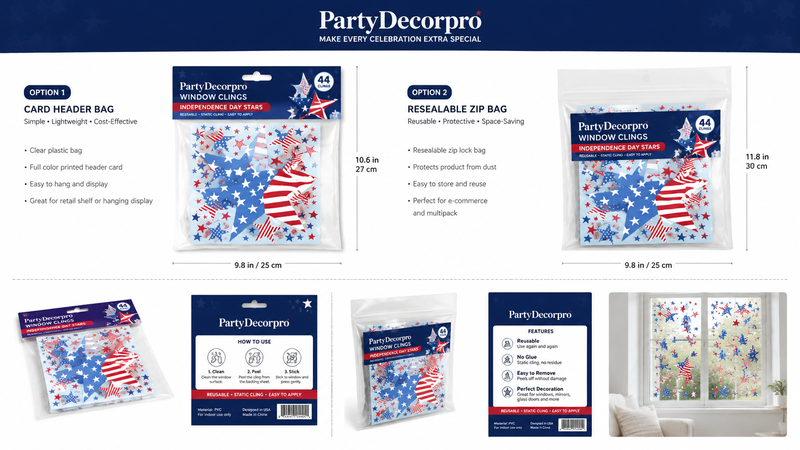 Patriotic star-themed window clings packaging with two options: card header bag and resealable zip bag, ready for retail or e-commerce.