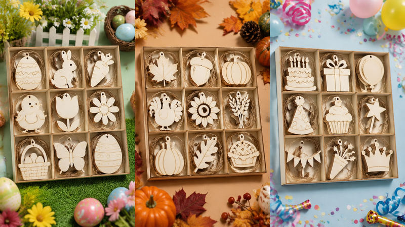 Wooden Christmas ornament set in compartment box with assorted laser-cut holiday shapes including snowman, reindeer, Santa, bell, and tree for wholesale craft decoration supply