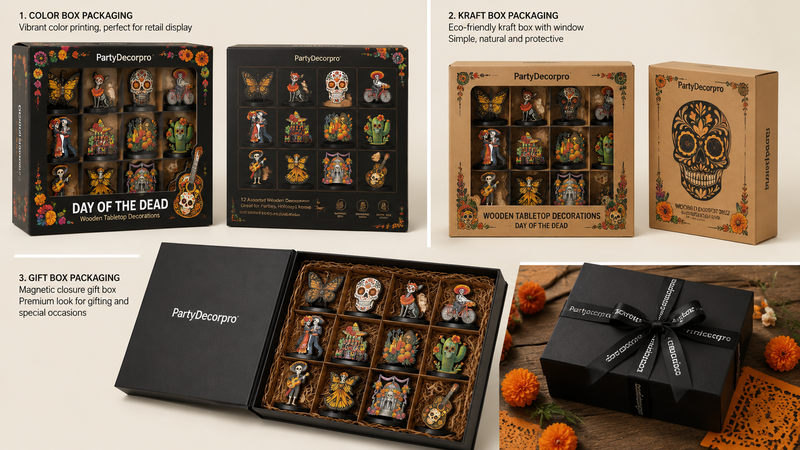 Wholesale wooden tabletop decor packaging options including kraft boxes, display boxes, and premium gift packaging with customization.