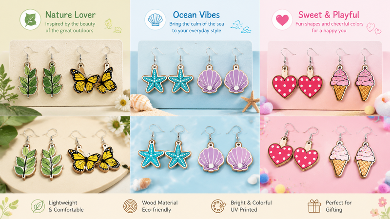 Wooden dangle earrings design collage with Nature, Ocean and Sweet playful themes, colorful lightweight jewelry display