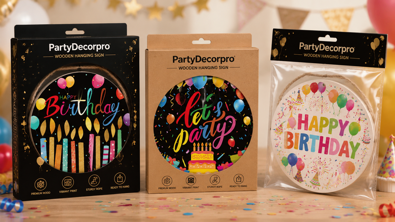 Round wooden birthday hanging sign packaging in black box kraft box and OPP bag display