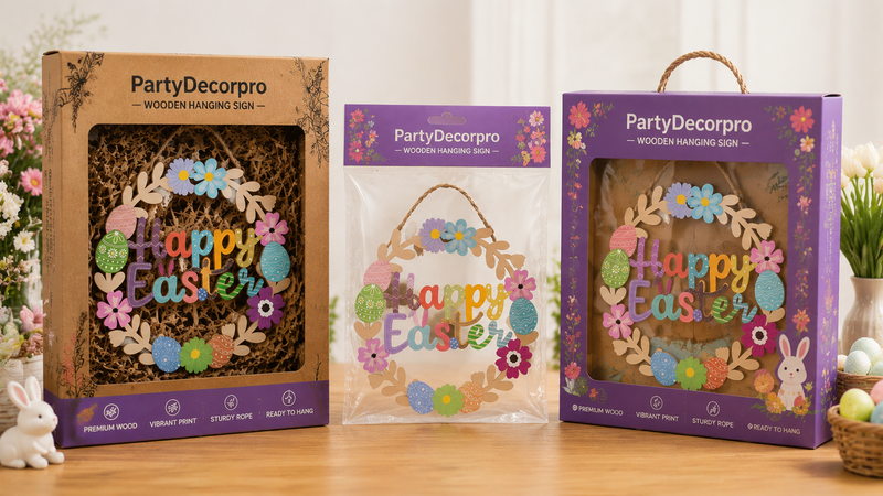 Wooden hanging sign packaging options including kraft box, OPP bag and window box for wholesale display