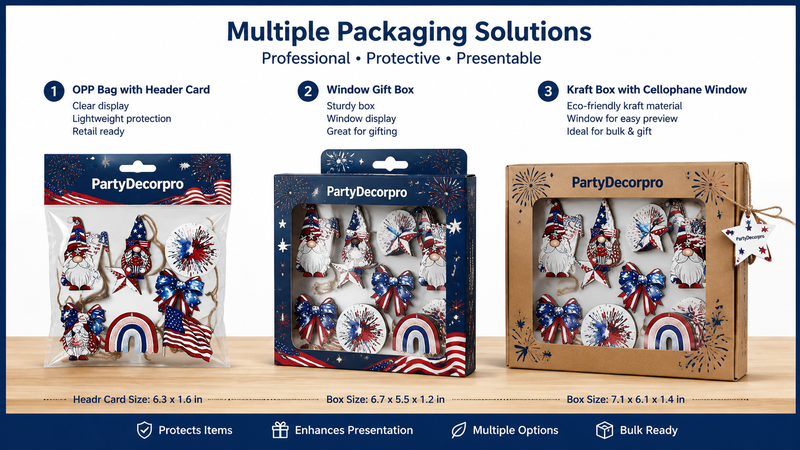 Custom packaging solutions for wooden patriotic ornaments with OPP bags, window gift boxes, and kraft display boxes