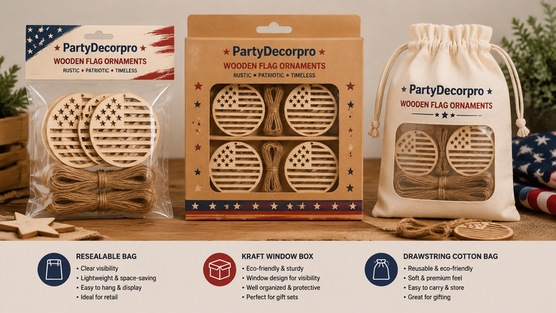 Wooden American flag ornament packaging resealable bag kraft box drawstring pouch display