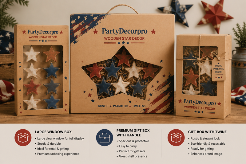 Wooden star craft kits packaging display large window box handle gift box twine box options