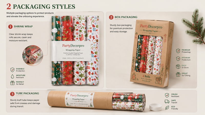 Holiday wrapping paper packaging solutions showing shrink wrap, box pack and tube pack options.