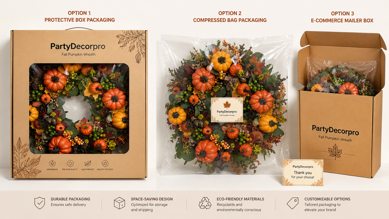 Fall wreath packaging comparison showing box, compressed bag, and mailer box solutions for B2B wholesale shipping