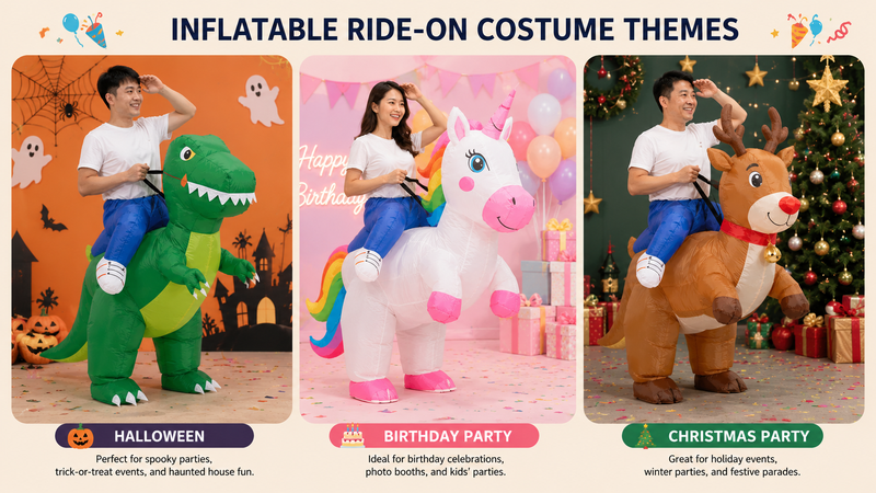 Custom Inflatable Ride-On Costume Theme Collection Featuring Dinosaur Unicorn and Reindeer Party Designs