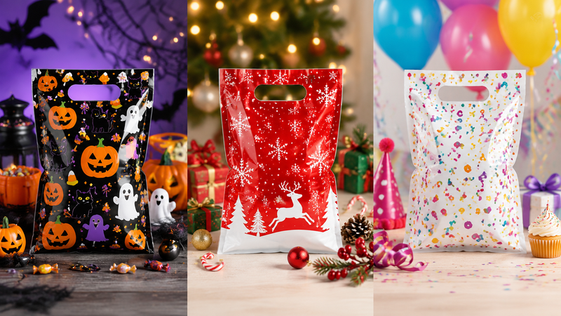 Custom holiday plastic gift bags with Halloween, Christmas and birthday party designs for wholesale events
