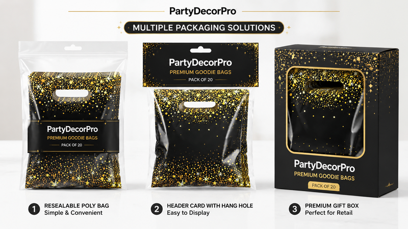 Custom packaging solutions for black and gold party gift bags with resealable bags, header cards, and premium gift boxes